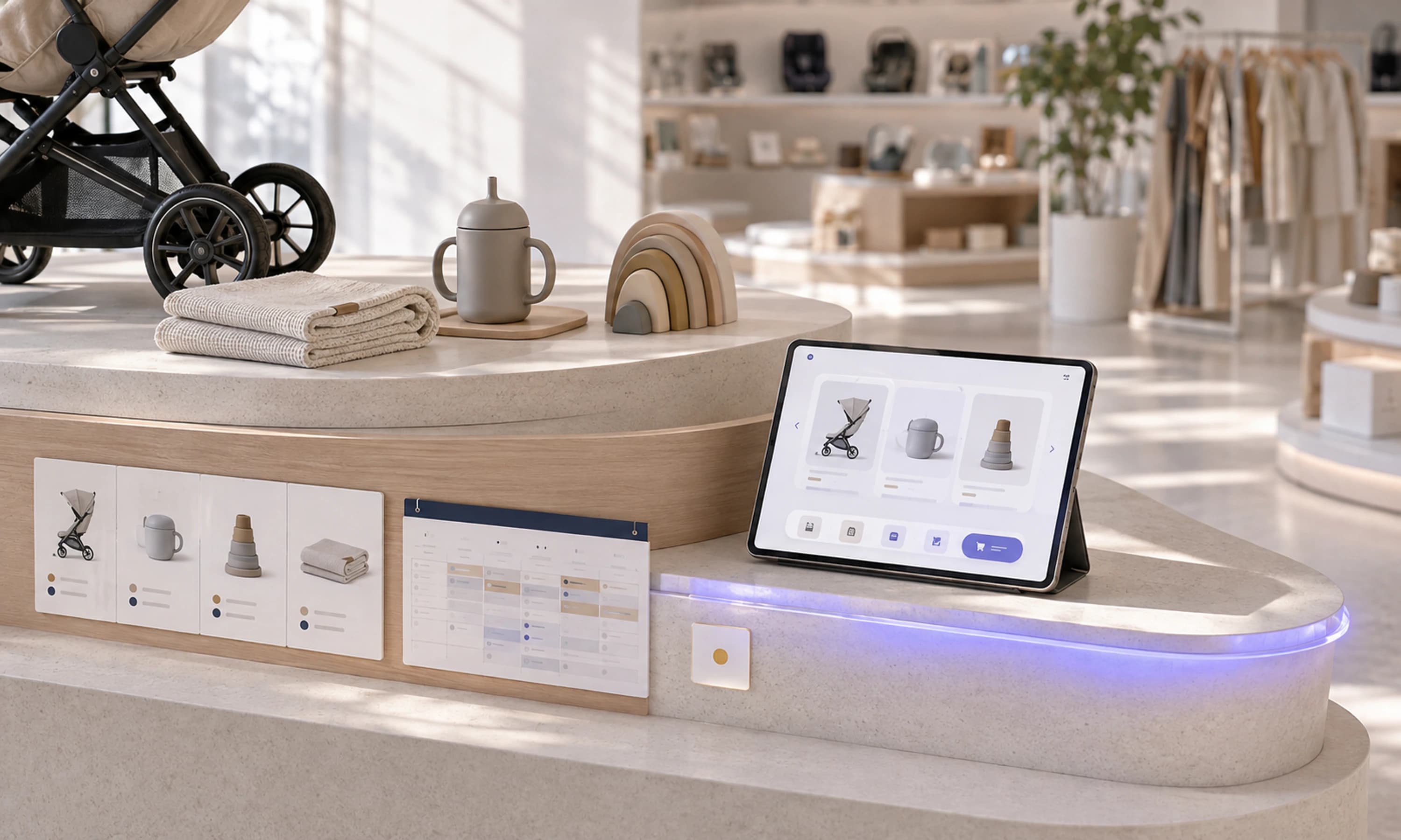 Conceptual BabySquare project visual connecting a curated retail environment with a digital commerce touchpoint and marketing operations.