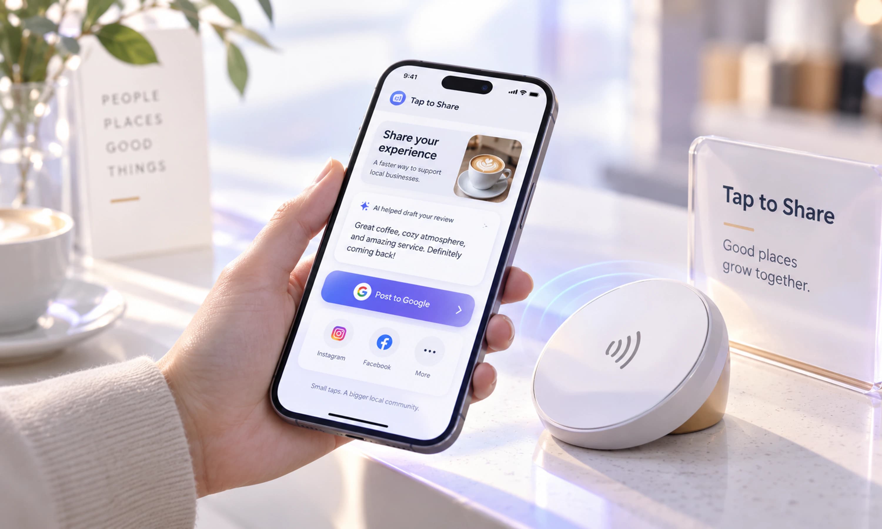 Conceptual Tap to Share project visual with a smartphone and an NFC interaction in a local-business setting.