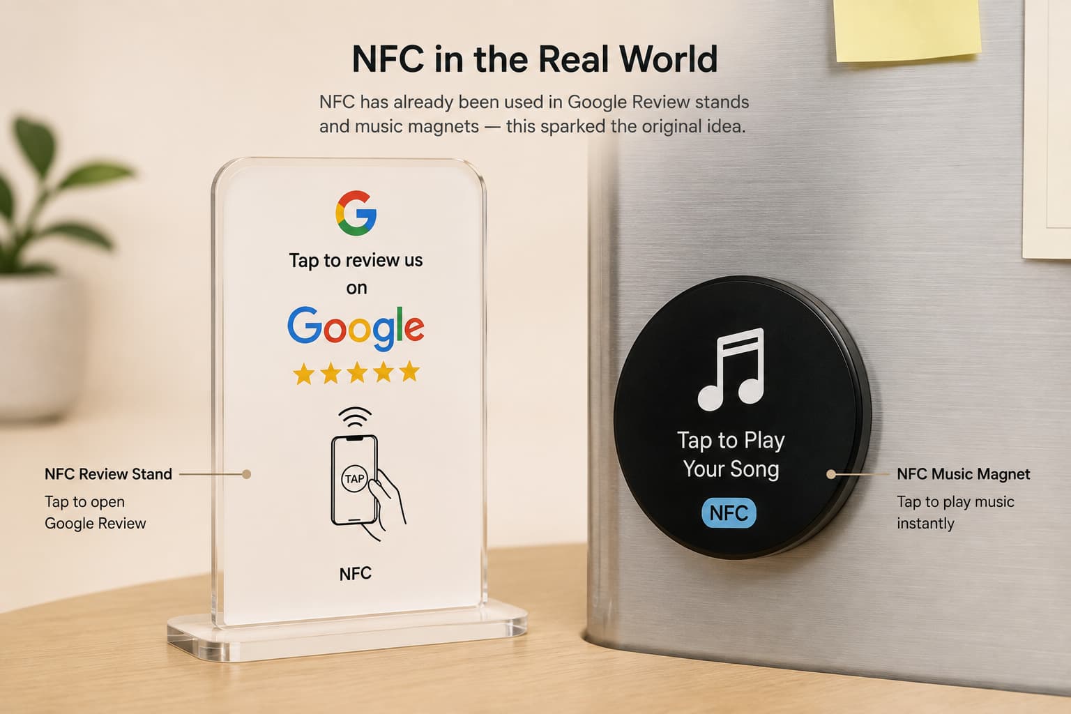 Context illustration of an NFC Google Review stand and NFC music refrigerator magnet.