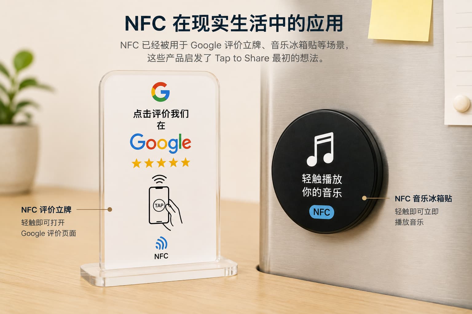 NFC Google Review 评价立牌与 NFC 音乐冰箱贴的应用示意。